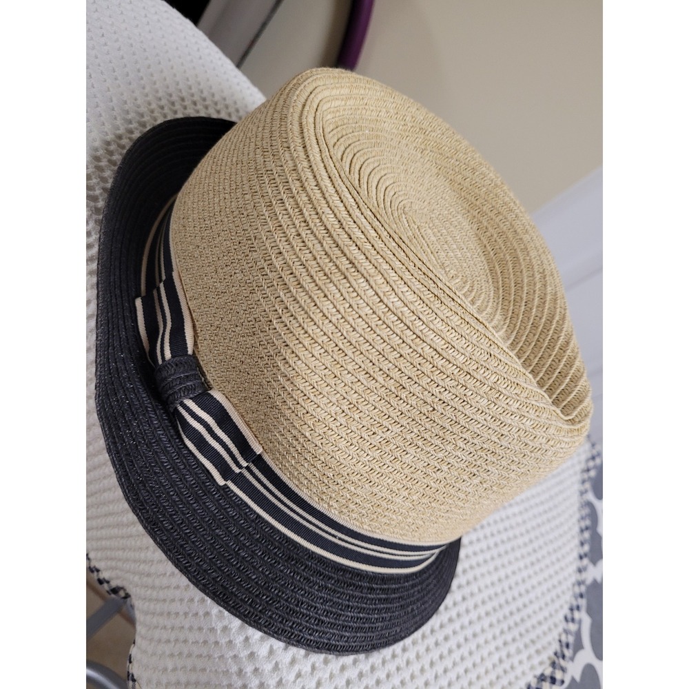 Apt 9 Womens 2 Tone Straw Fedora Hat Tan/Black Striped Packable Travel 21.5 in‎
